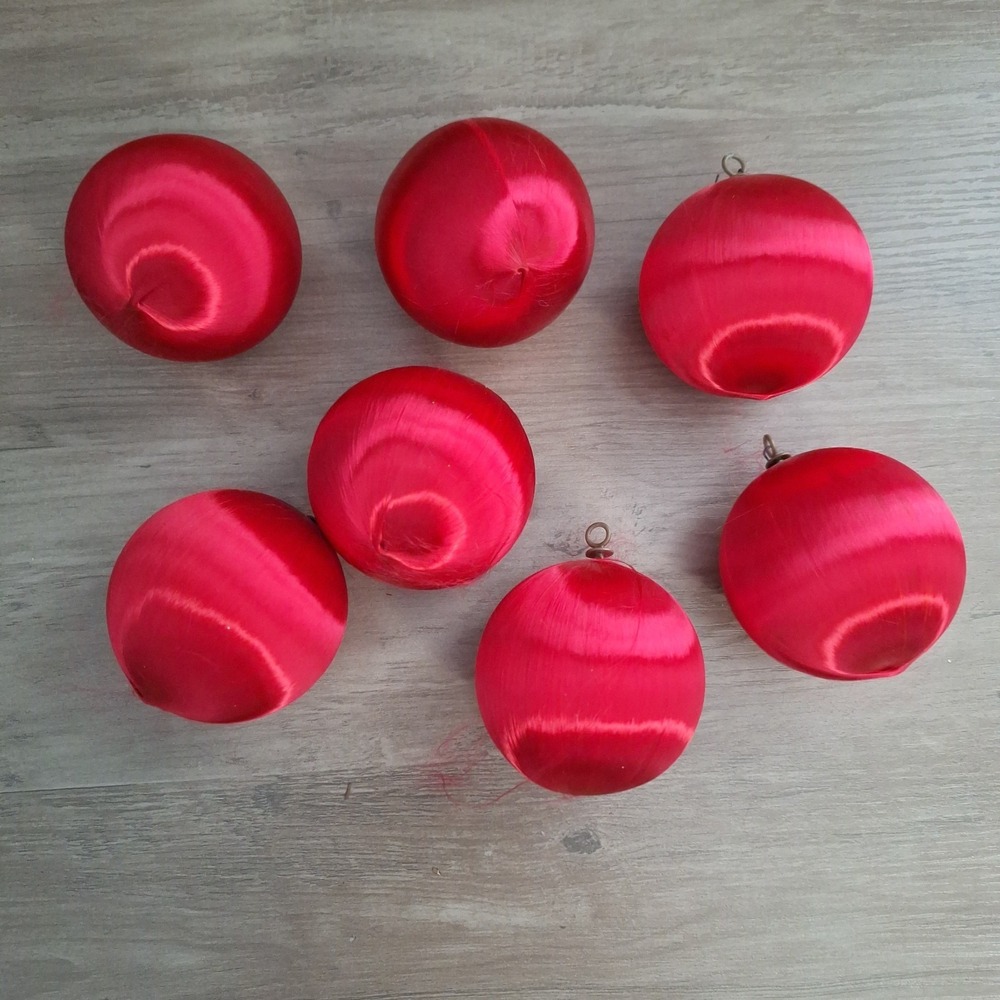 7 MCM Cherry Red Satin Sheen Christmas Tree Ornaments 2.5" Round